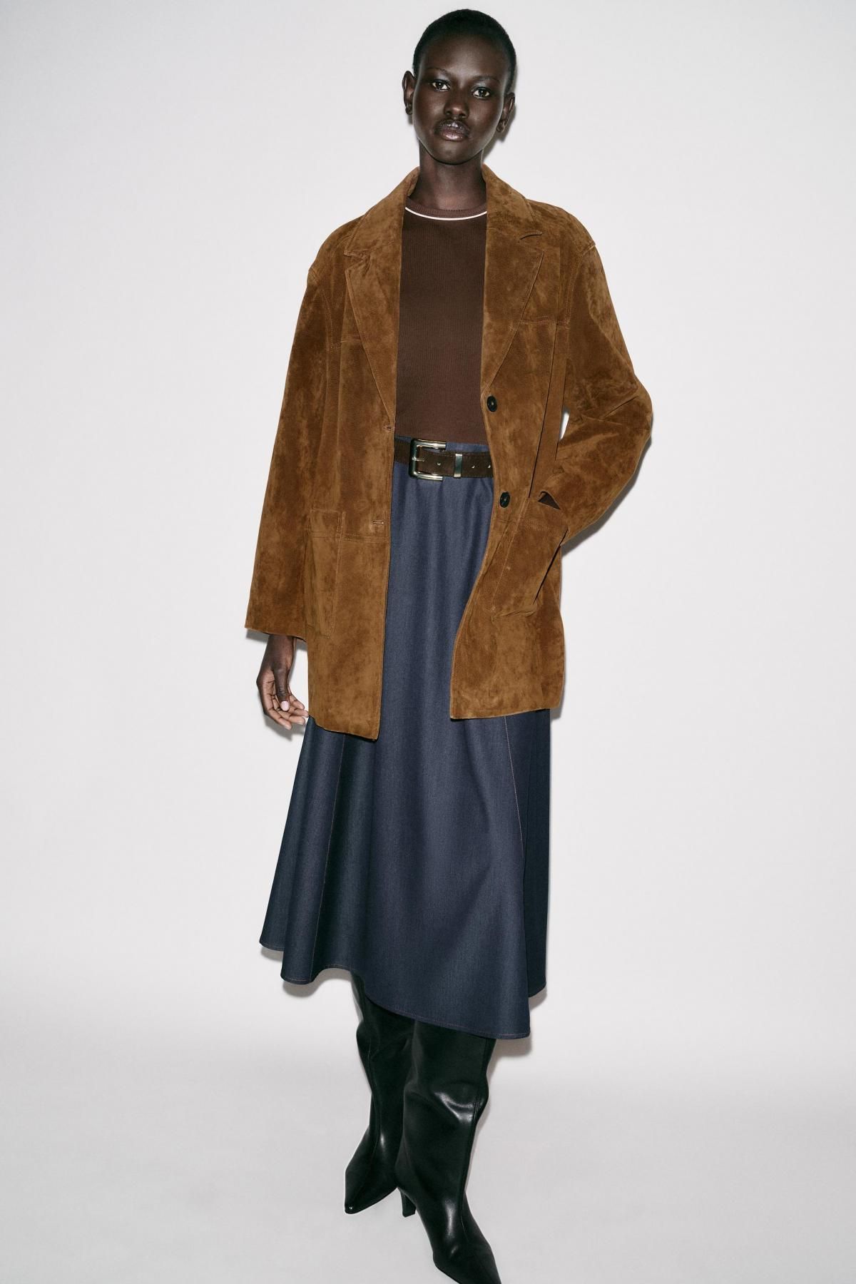 자라 투톤 컨트라스트 벨트 미디 원피스 8372/294 BROWN - 상세 이미지 2