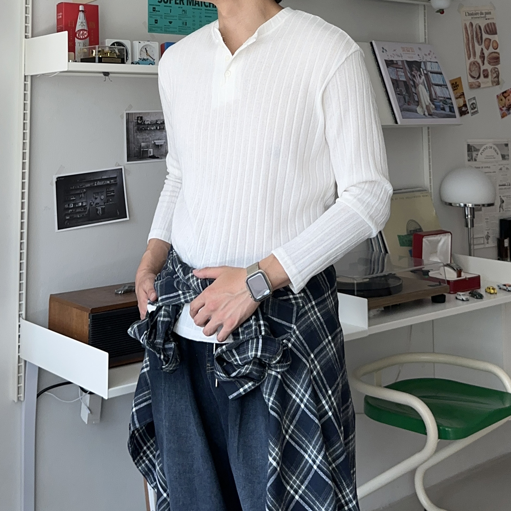 헨리넥 티셔츠 구김없는 골지 피케 남자 긴팔티 - 상세 이미지 4