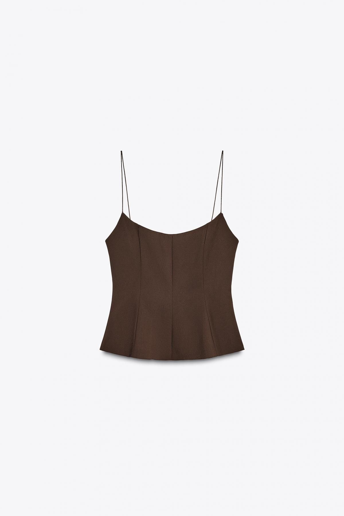 자라 스트레치 페플럼 슬리브리스 탑 8280/333 BROWN - 메인 이미지