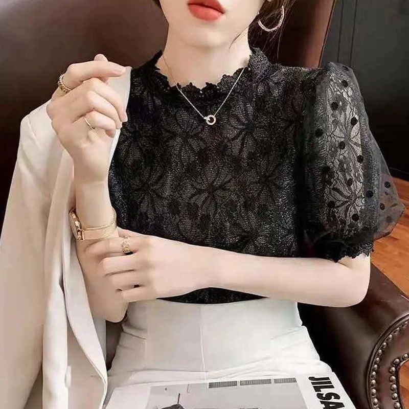 레이스 블라우스 벌룬 노카라 여성용 카디건 시스루 반팔 퍼프 스킨형 핀턱 프릴넥 화이트 M - 상세 이미지 2