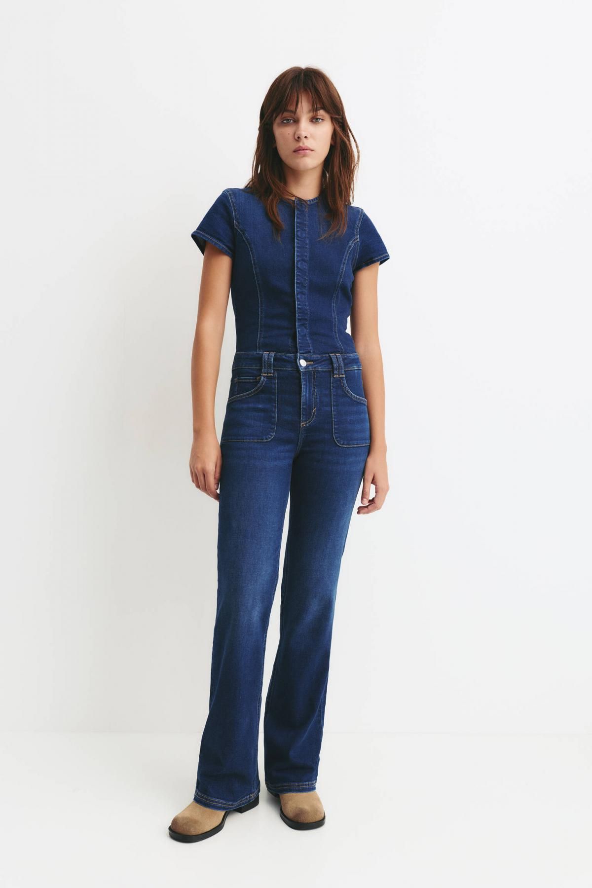풀앤베어 스트레치 데님 부츠컷 반팔 점프수트 7638/308 DARK BLUE - 상세 이미지 3