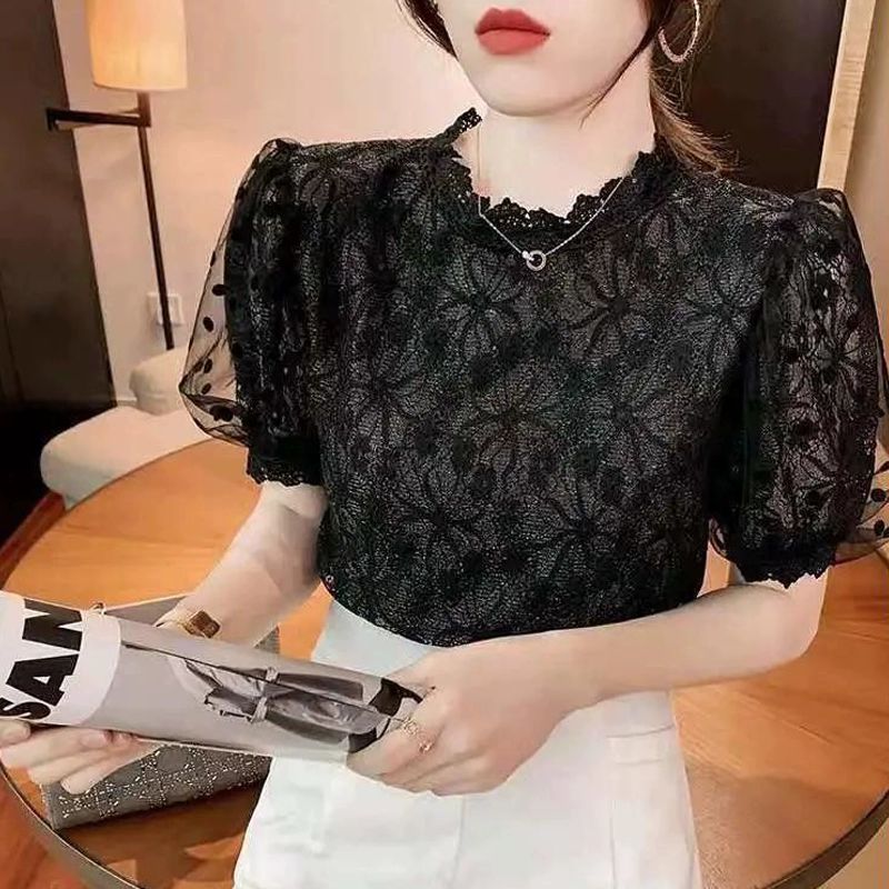레이스 블라우스 벌룬 노카라 여성용 카디건 시스루 반팔 퍼프 스킨형 핀턱 프릴넥 화이트 M - 상세 이미지 3