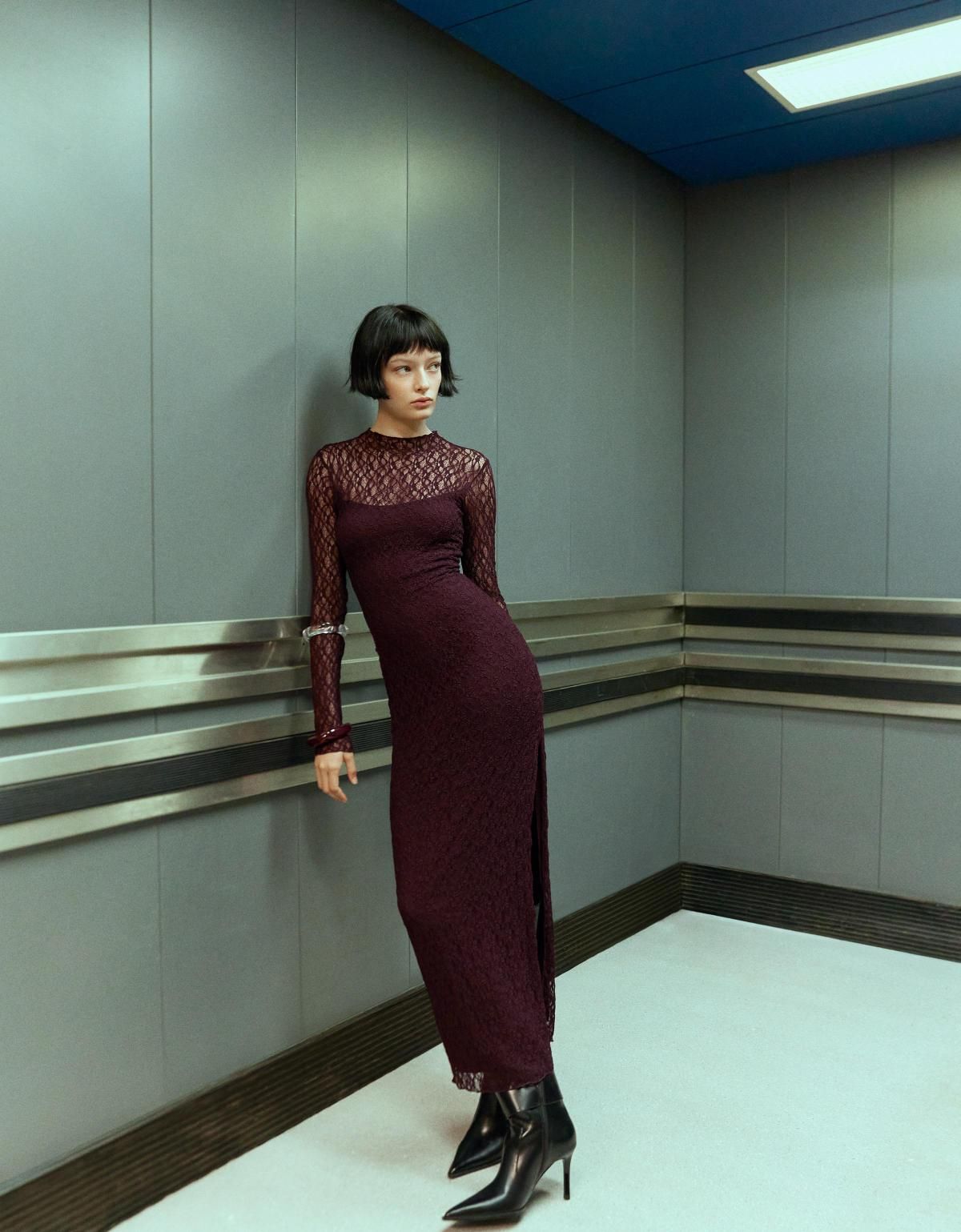 버쉬카 버건디 레이스 롱슬리브 미디 원피스 5596/714 BURGUNDY - 상세 이미지 2