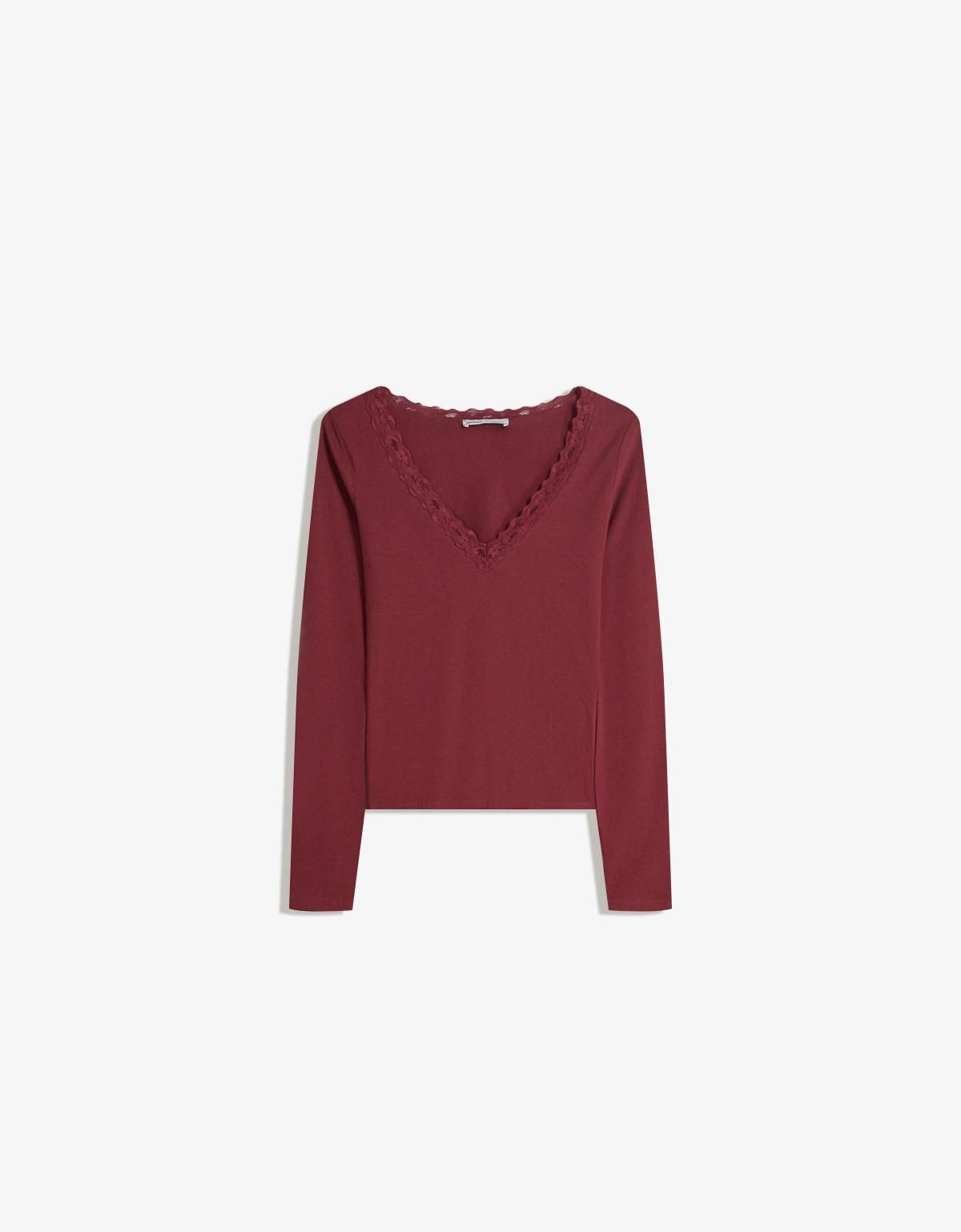 버쉬카 레이스 브이넥 긴팔 티셔츠 7803/443 BURGUNDY - 상품 이미지