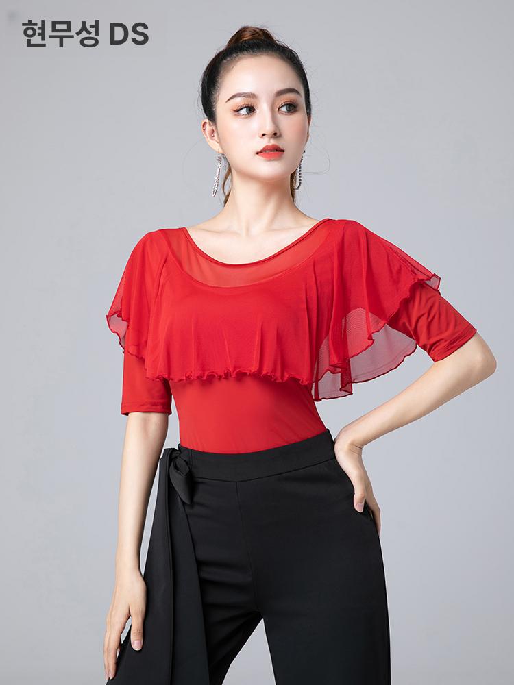 라인 프릴 여성 댄스상의 줌바 라틴댄스복 스포츠 블랙 롱슬리브 L - 상세 이미지 3