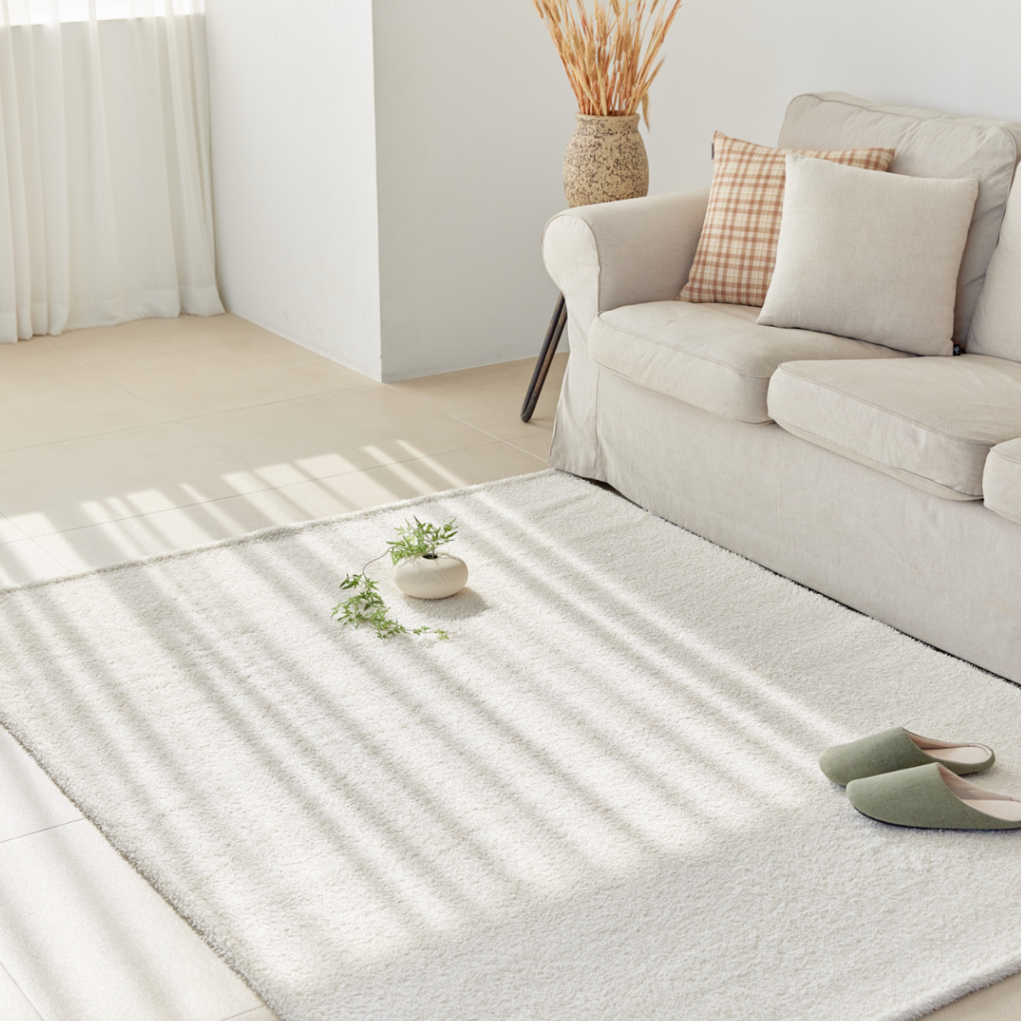 먼지없는 워셔블 장모 온감 러그 대형 거실 침실 원룸 실루엣 크림, 원형 200