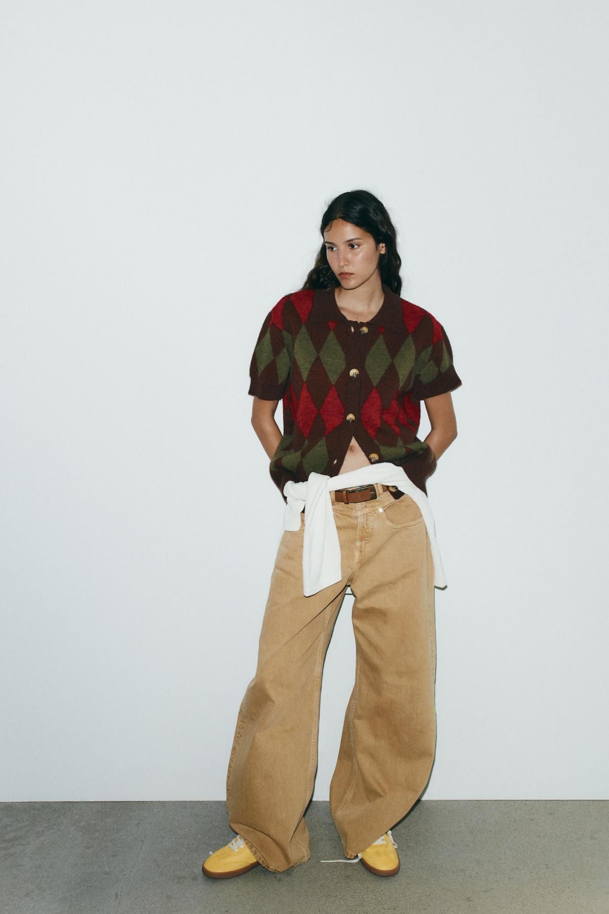 자라 아가일 패턴 브라운 반팔 니트 폴로 카디건 6427/122 MULTICOLOURED - 상세 이미지 2