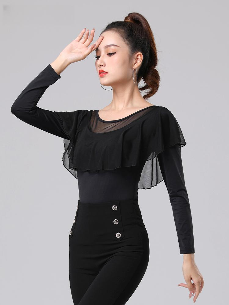 라인 프릴 여성 댄스상의 줌바 라틴댄스복 스포츠 블랙 롱슬리브 L - 상품 이미지