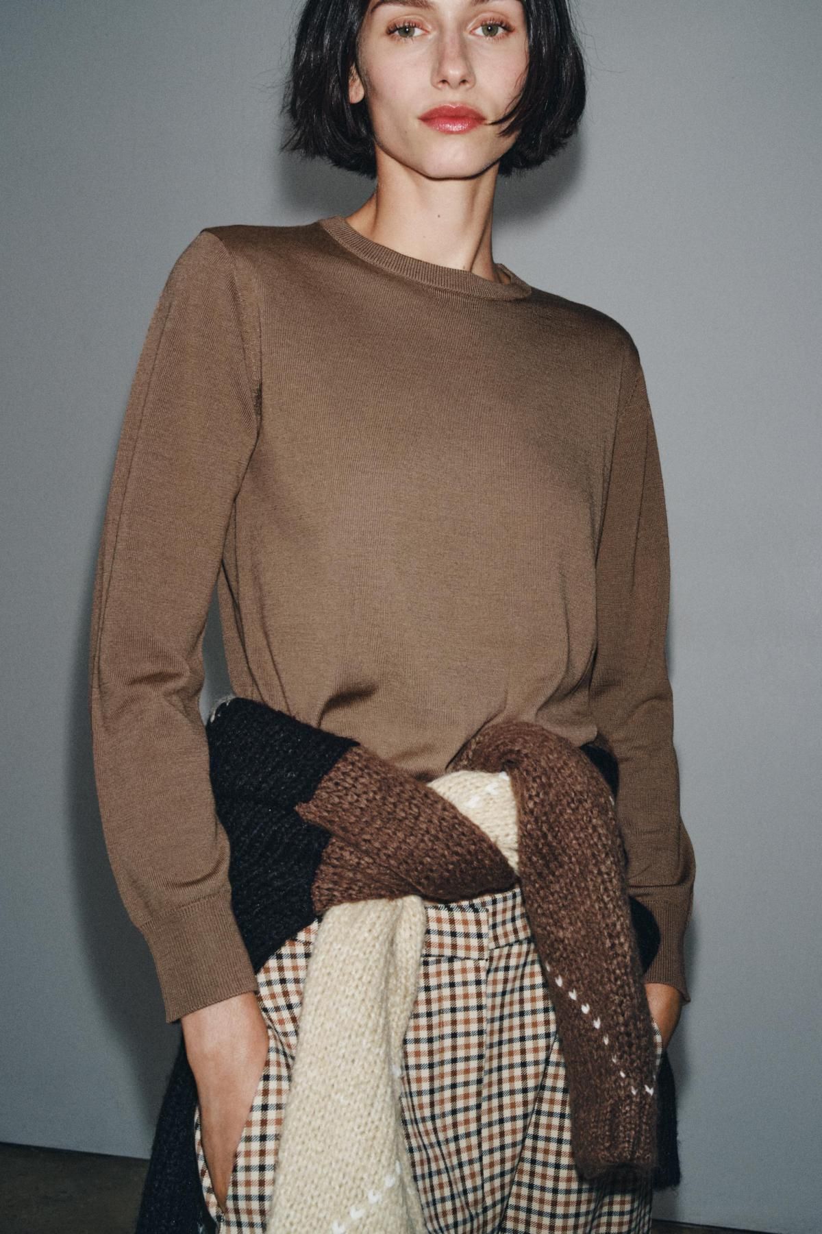 자라 100 울 베이직 라운드넥 니트 스웨터 9598/121 LIGHT BROWN - 상세 이미지 5