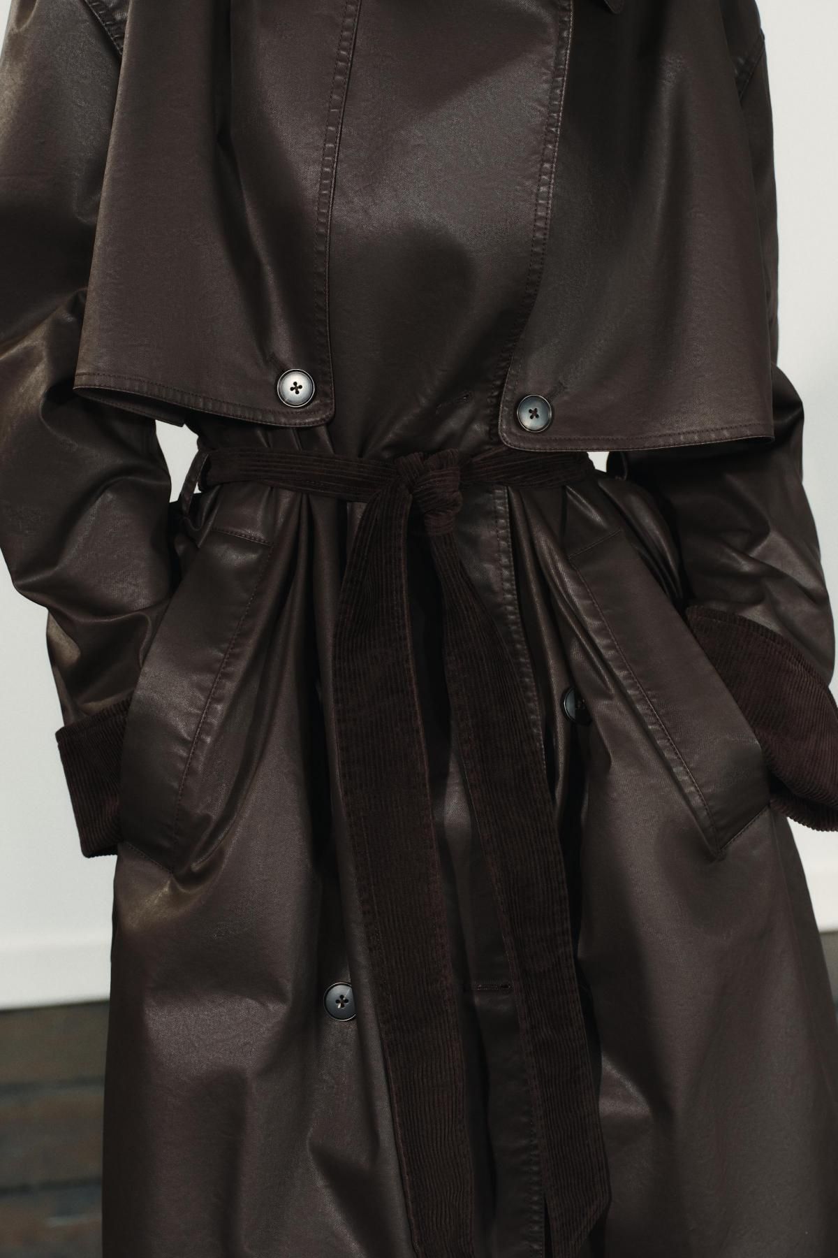 자라 테크니컬 왁스드 코듀로이 커프스 롱 트렌치코트 5854/728 DARK BROWN - 상세 이미지 3