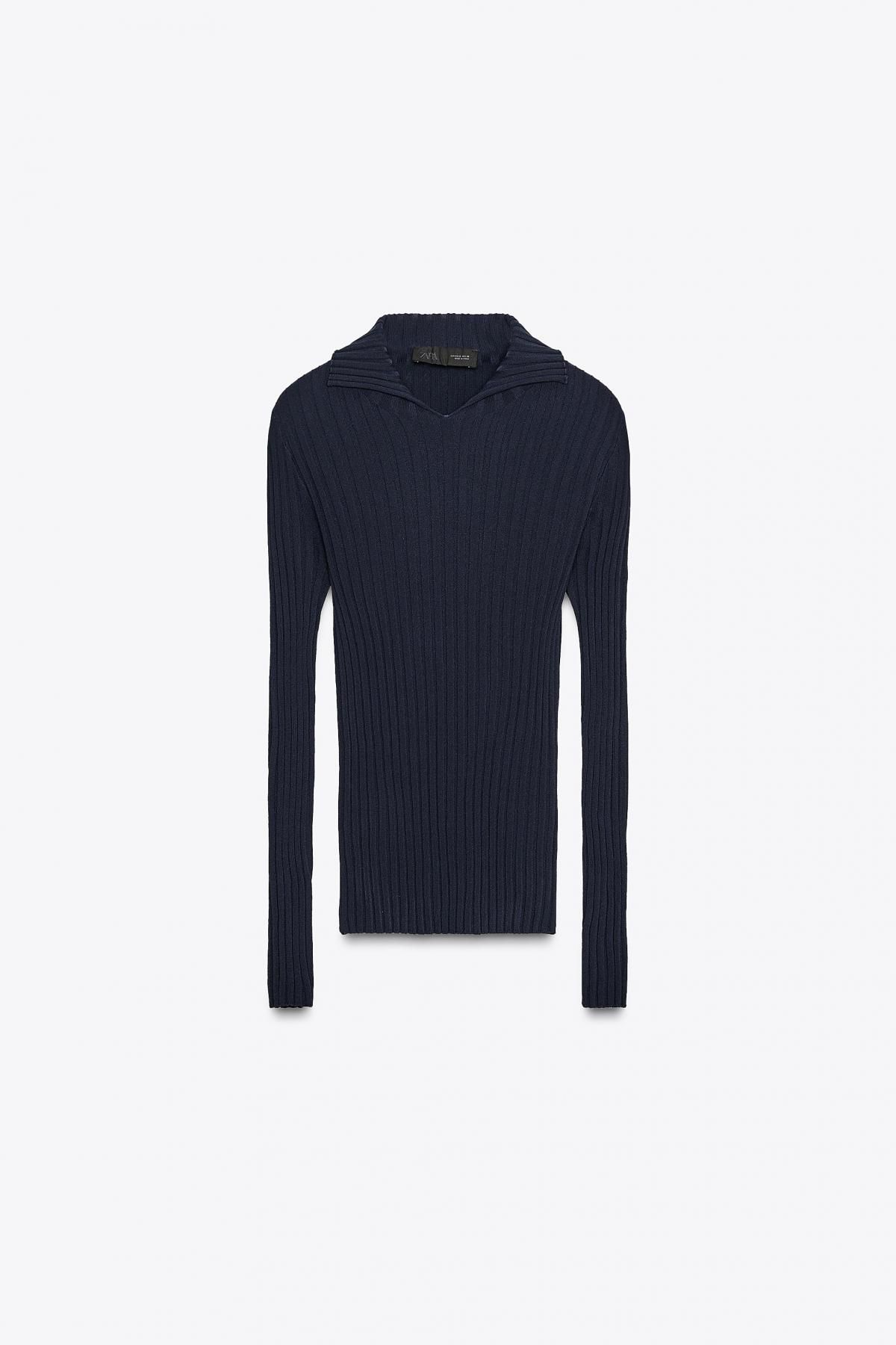 자라 테크니컬 골지 니트 슬림핏 긴팔 폴로 탑 4938/115 NAVY BLUE - 상품 이미지