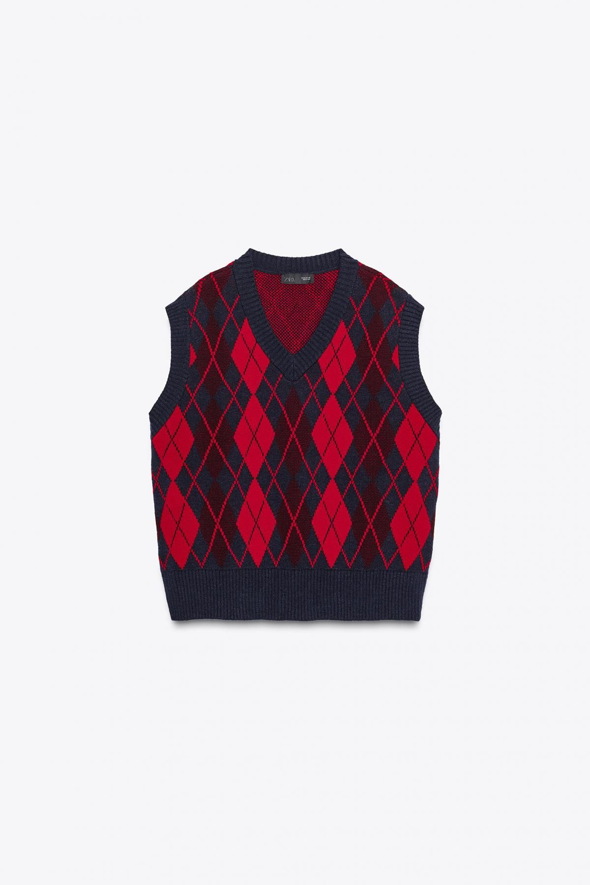 자라 아가일 오버사이즈 브이넥 니트 베스트 1822/104 RED/NAVY - 메인 이미지
