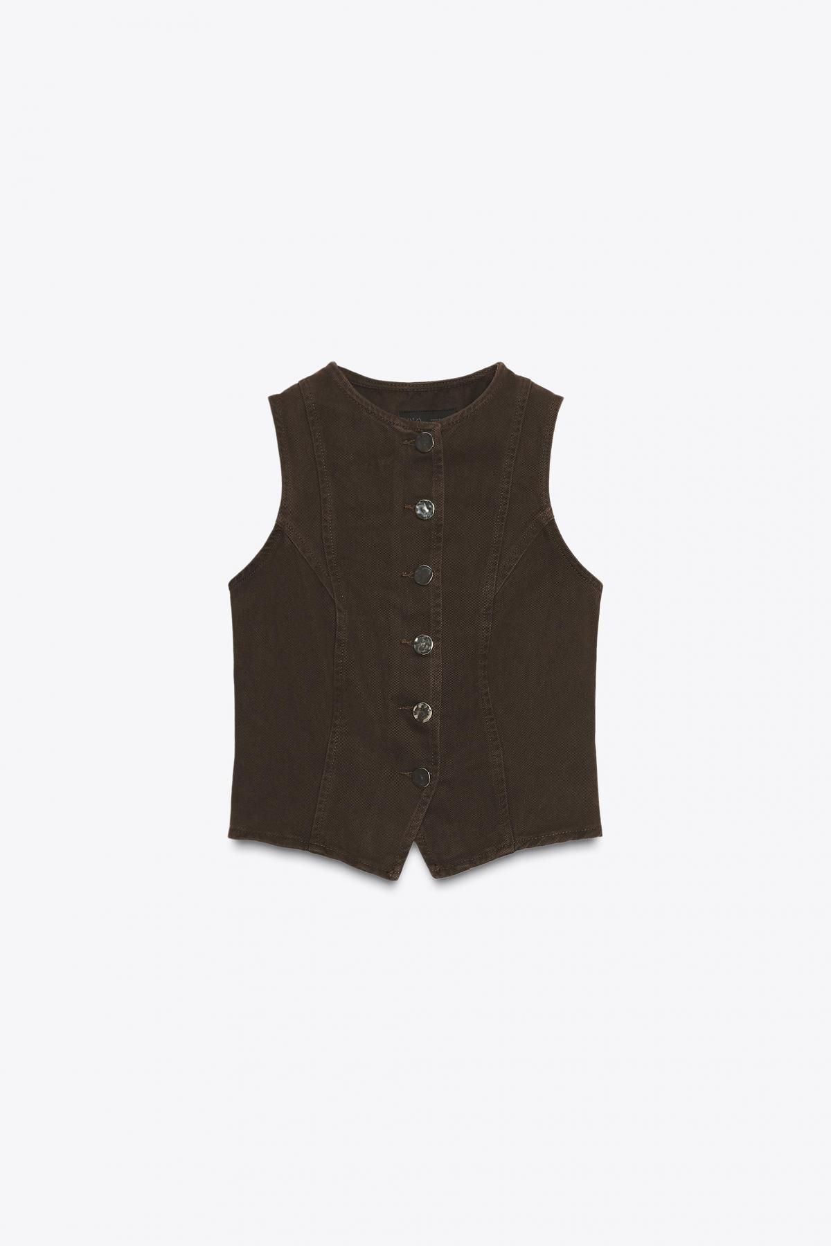 자라 데님 라운드넥 슬리브리스 베스트 6164/161 BROWN - 메인 이미지