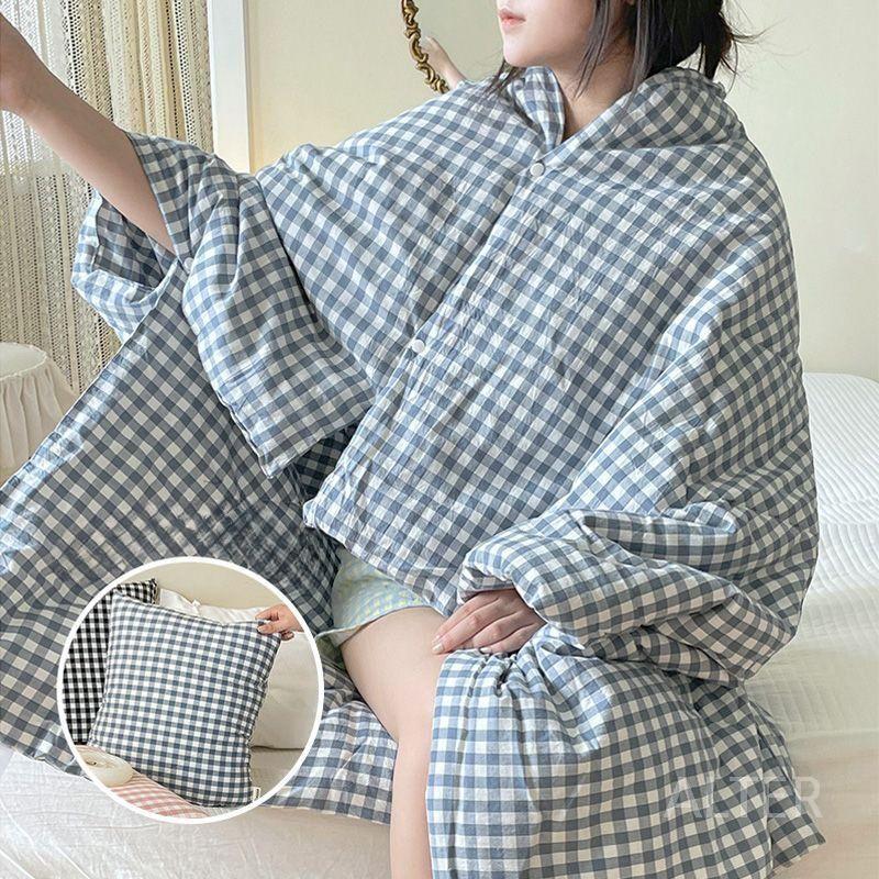 순면 입는 캠핑 사무실 차박 담요 낮잠 후드 집순이 망토 블루 화이트 체크 40x40cm 펼쳤을때 120x150cm - 상세 이미지 2