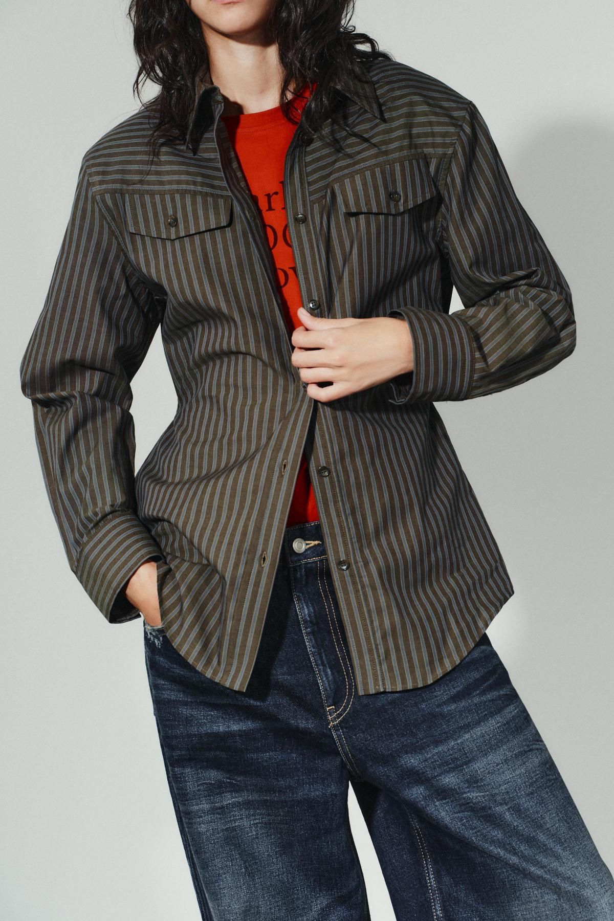 자라 클래식 스트라이프 테크니컬 포플린 긴팔 셔츠 8875/253 BROWN-BLUE - 상세 이미지 4