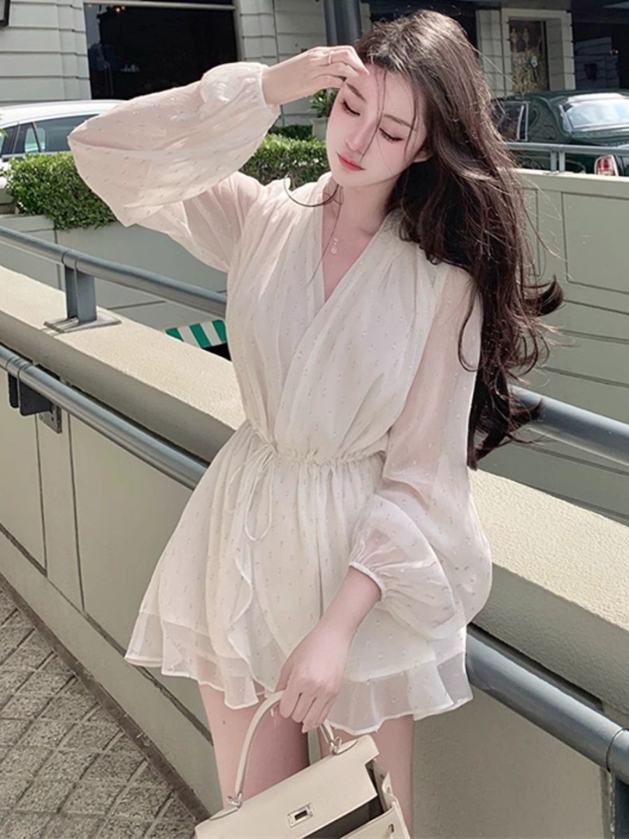 V넥 미니 쉬폰 긴팔원피스 플라워 꽃무늬 퍼프 캉캉 파티룩 휴양지 플레어 브이넥 하객룩 드림화이트문라이트 S - 상품 이미지