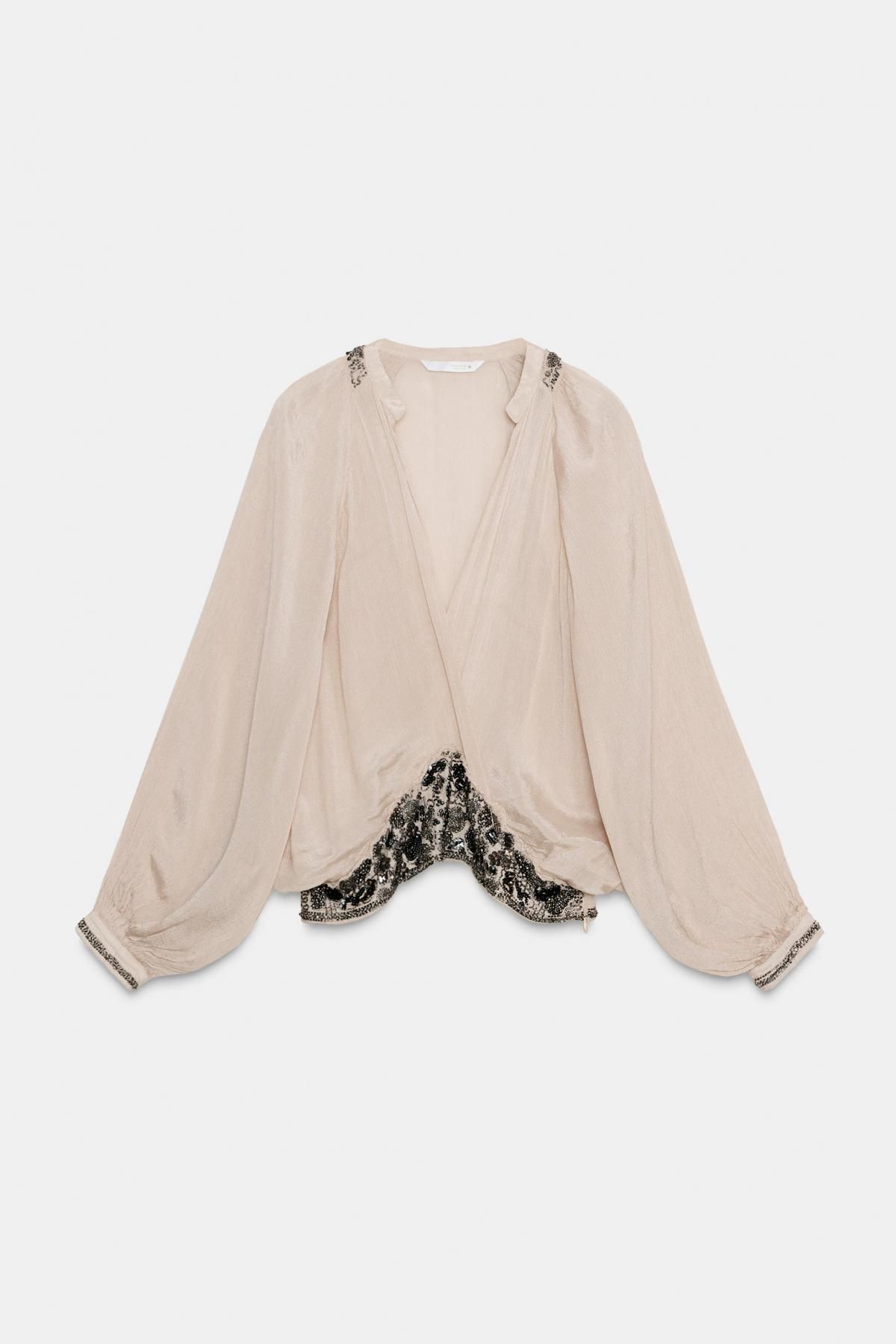 자라 럭셔리 비즈 장식 V넥 블라우스 7521/285 BEIGE-PINK - 상품 이미지