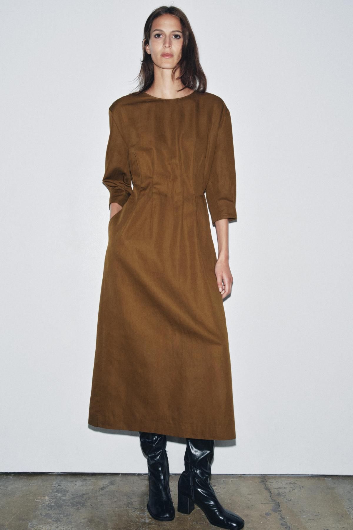 자라 린넨 블렌드 미디 플리츠 원피스 4333/241 OCHRE - 상세 이미지 5