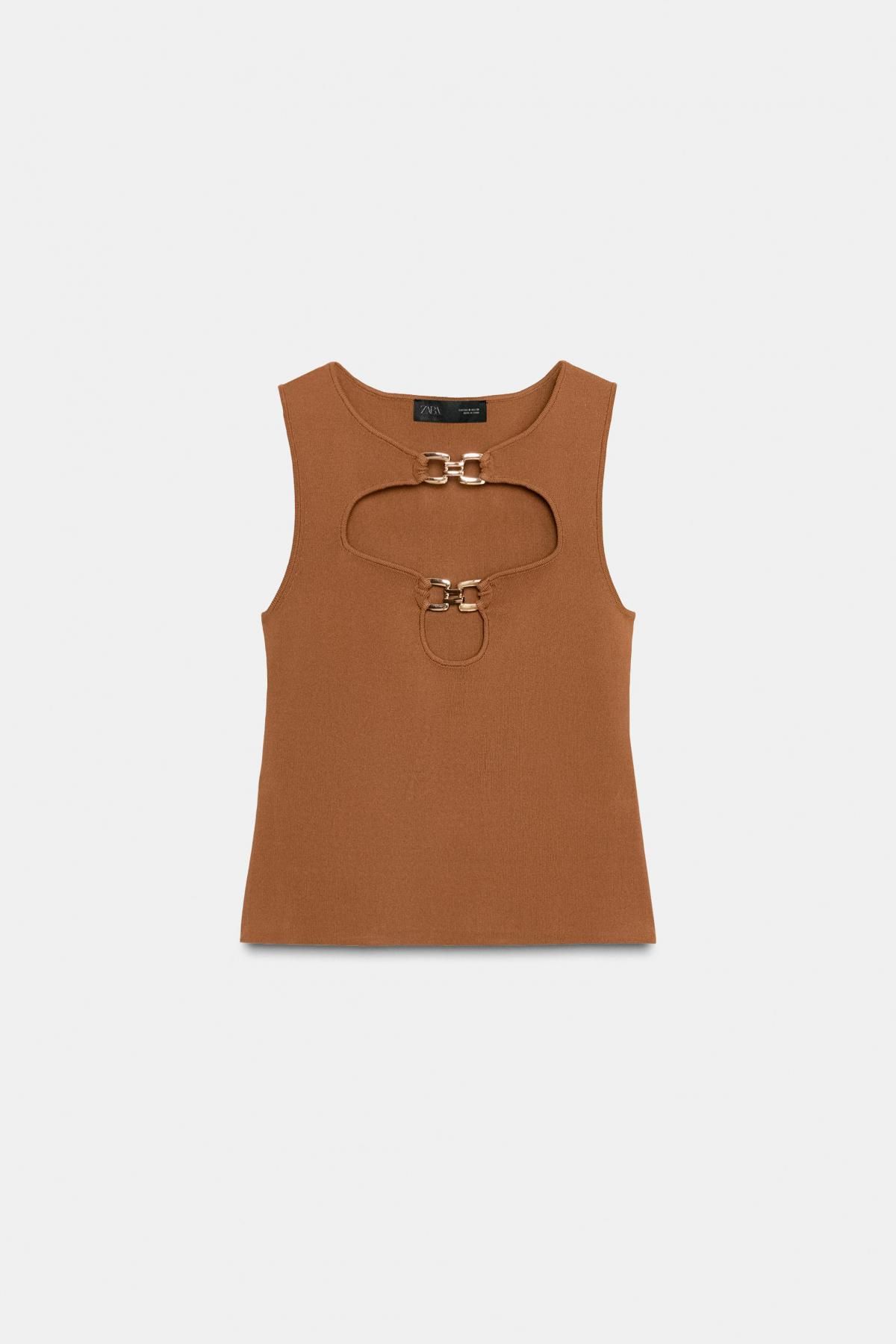 자라 트렌디 컷아웃 메탈 디테일 니트 민소매 탑 4938/105 LIGHT BROWN - 상품 이미지