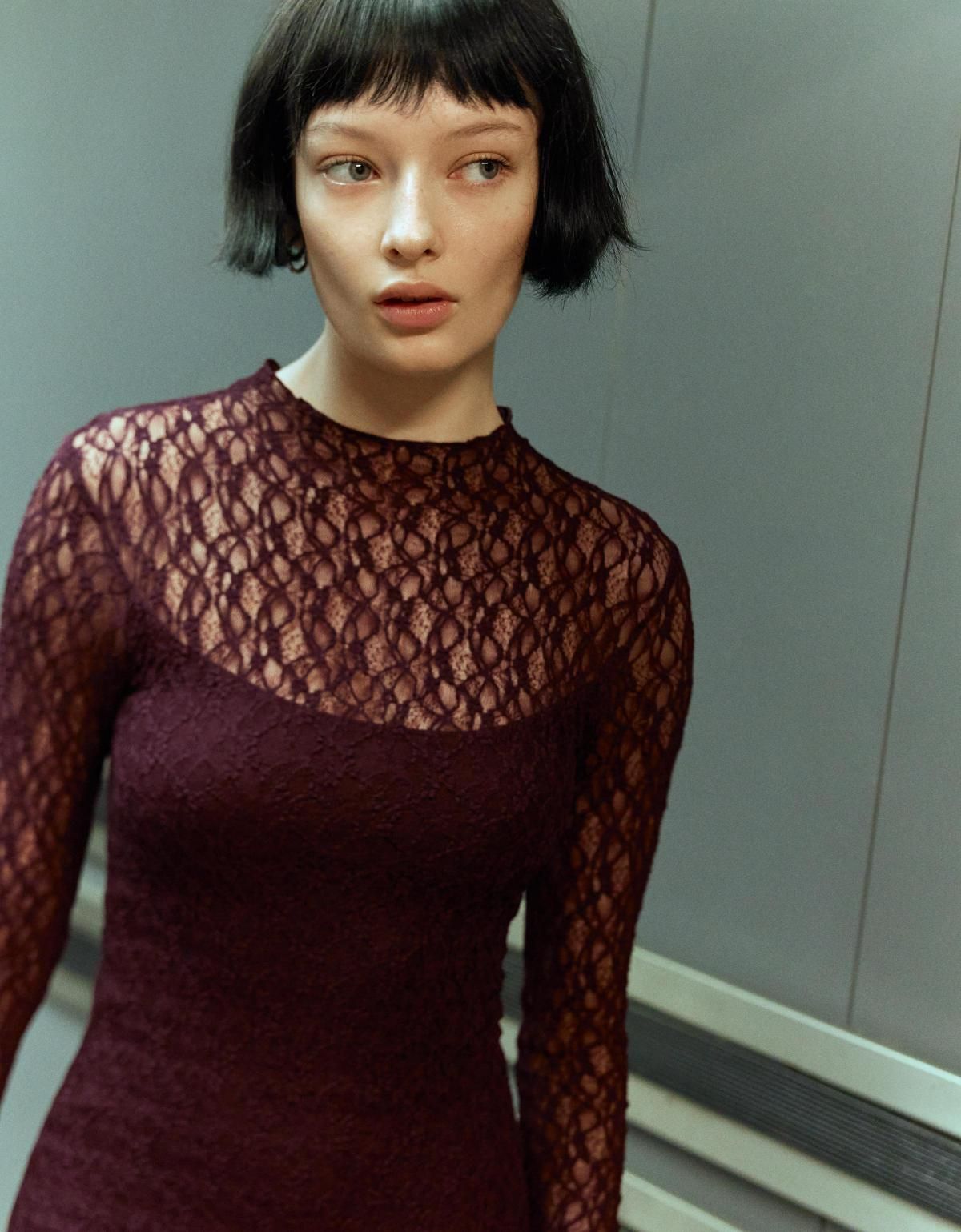 버쉬카 버건디 레이스 롱슬리브 미디 원피스 5596/714 BURGUNDY - 상세 이미지 4