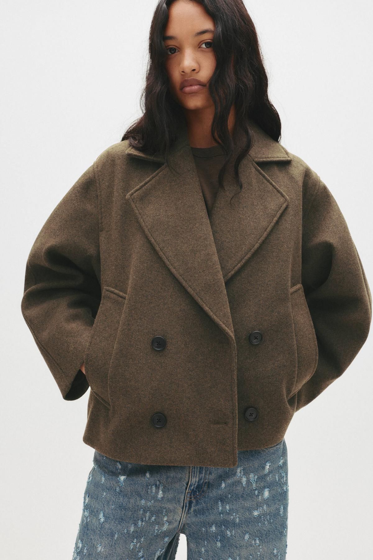 풀앤베어 울 블렌드 테일러드 더블 버튼 숏 코트 7800/311 MOLE BROWN - 상세 이미지 5