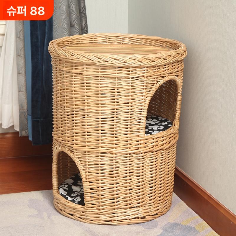 반려동물 고양이 라탄집 매트 쿠션 사계절 2층 등나무 1단 대형 내추럴 맨 - 상세 이미지 2