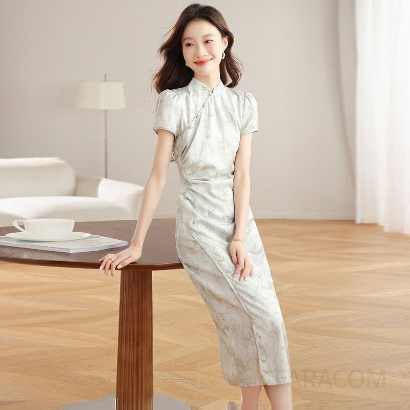 중국식 치파오 스타일 얇은 원피스 여성 여름 드레스 셀프웨딩 신부용 럭셔리 디자인 롱 스커트 브라이덜샤워 의상 - 상세 이미지 3
