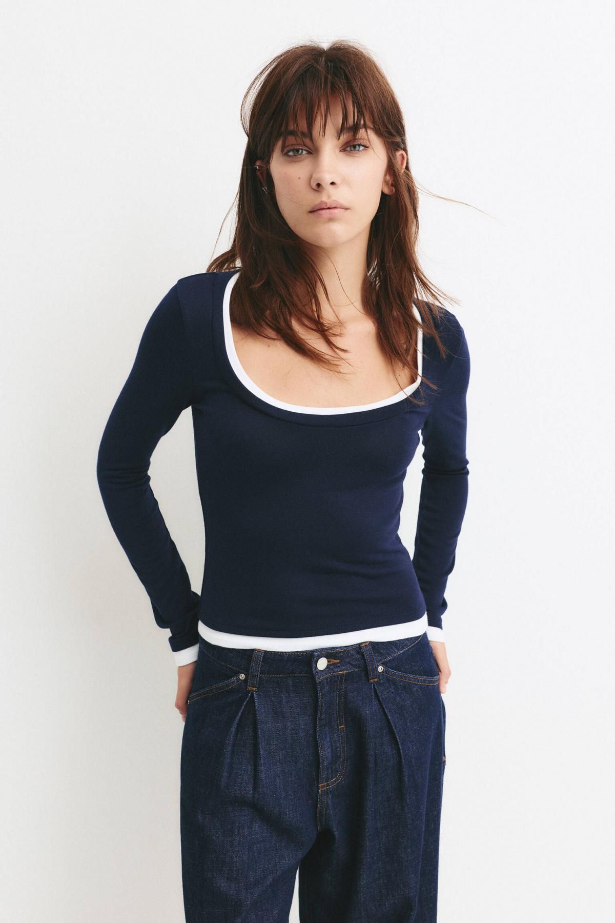 풀앤베어 투톤 라운드넥 테크니컬 긴팔 티셔츠 7152/342 NAVY - 상세 이미지 2