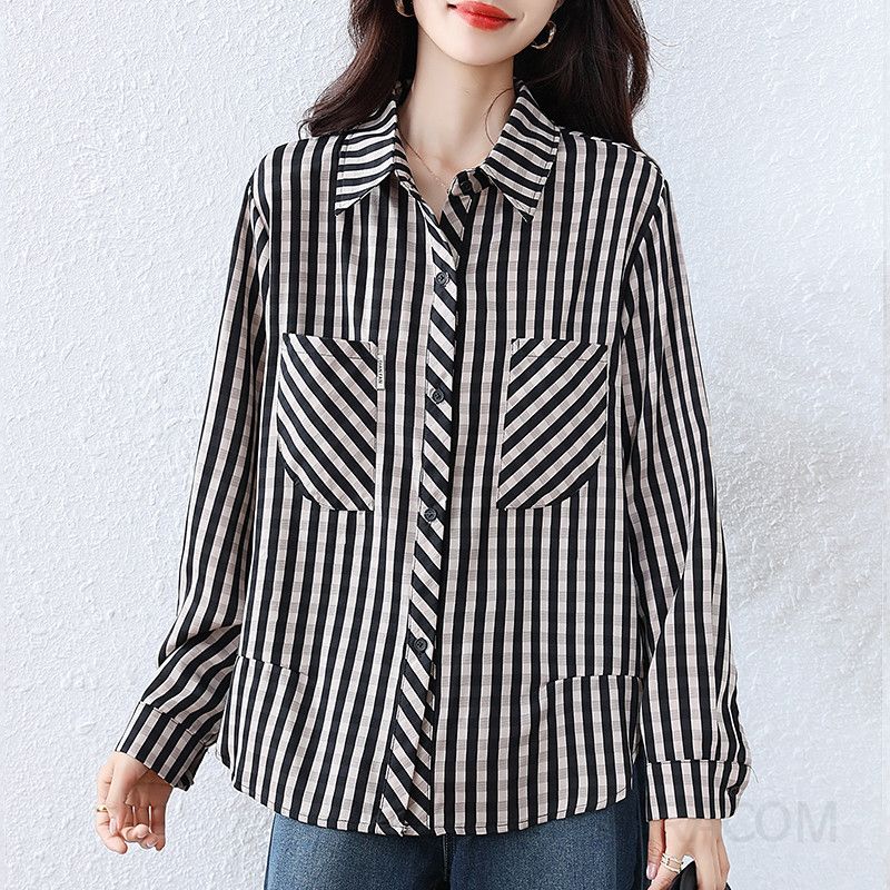 여성 긴팔 셔츠 가을 스타일리시한 캐주얼 폴로 칼라 체크 패턴 슬림 루즈핏 코튼 소재 데일리룩으로 편안한 착용감의 올매치 탑 - 상세 이미지 2