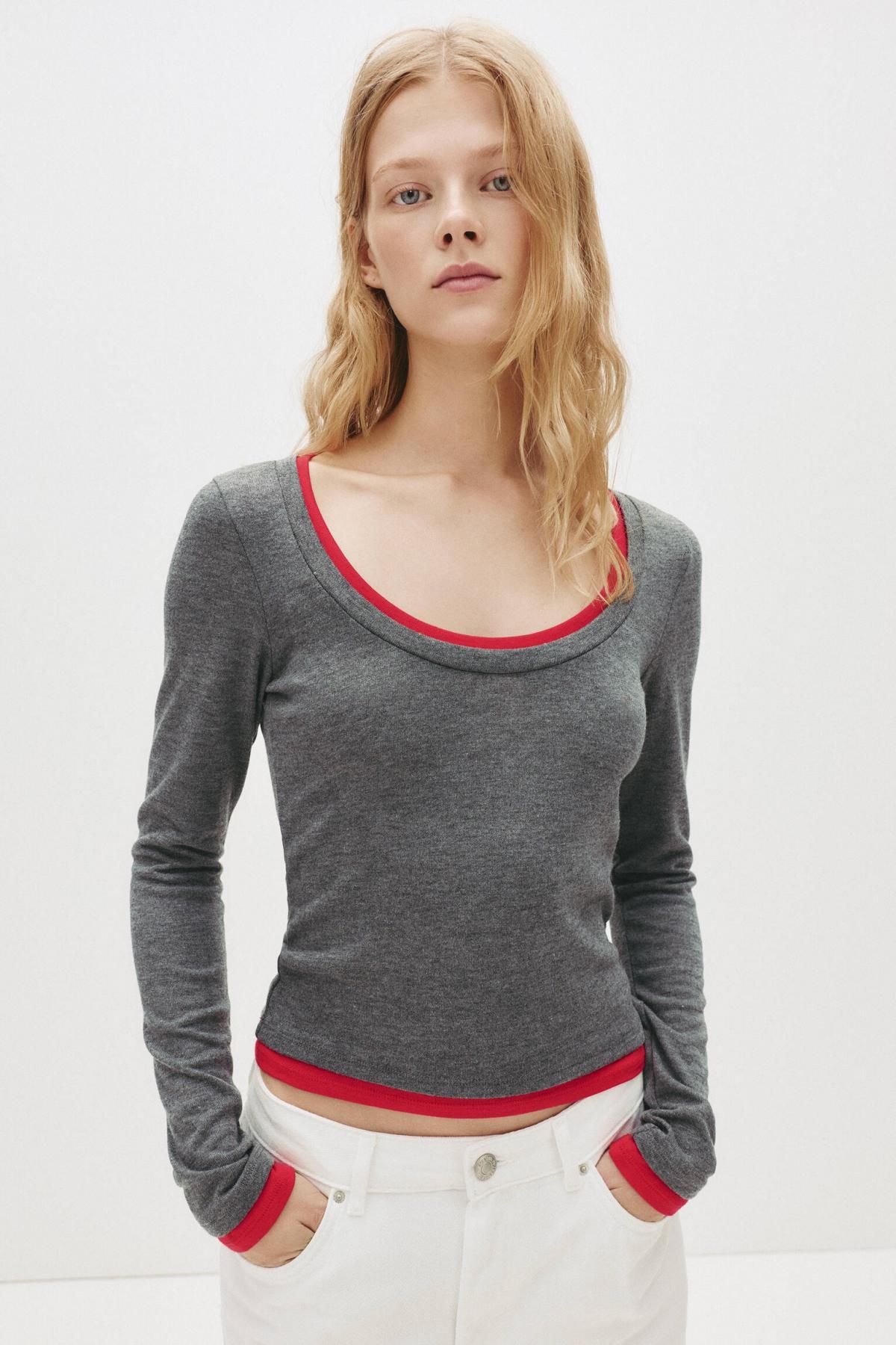 풀앤베어 배색 테크니컬 크롭 라운드넥 긴팔 티셔츠 7152/342 ANTHRACITE GREY - 상세 이미지 3