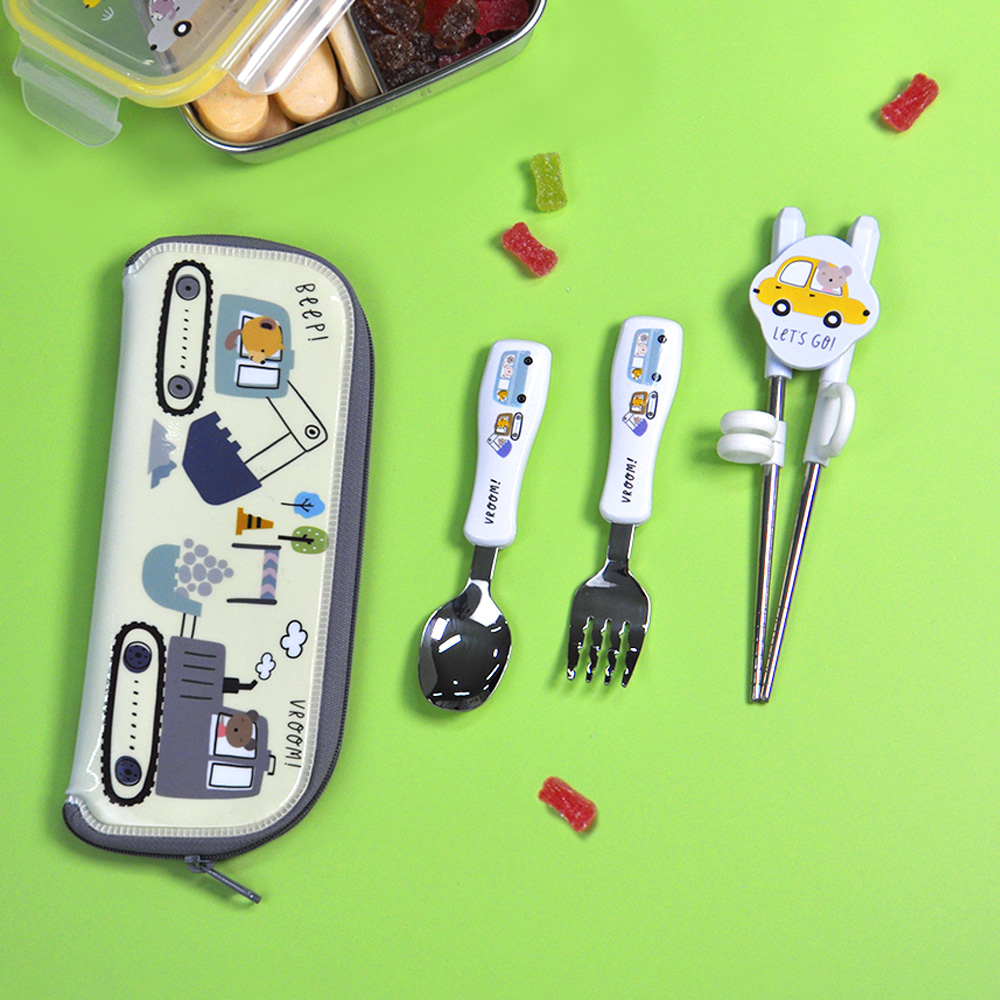 키친유 키즈부릉 자동차 스텐 아기 스푼포크 젓가락 케이스 세트 유아 숟가락 어린이집 준비물