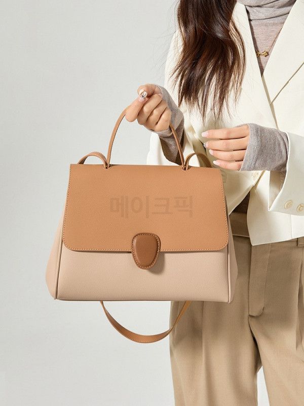 여성용 투톤배색 천연소가죽 탑핸들 토트백 숄더 크로스백 미니 스퀘어 데일리 오피스룩 - 상세 이미지 3