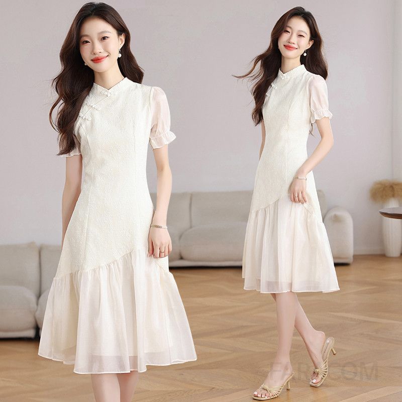 여름 여성 중국풍 치파오 스타일 드레스 빈티지 개량 원피스 파티 촬영용 의상 슬림핏 디자인 결혼식 피로연 브라이덜샤워에 적합한 우아한 스타일 - 상품 이미지