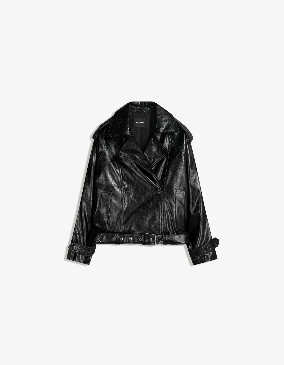 버쉬카 페이크레더 크롭 트렌치 재킷 6900/677 BLACK - 상품 이미지