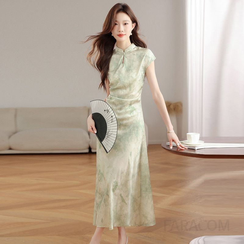 여성 여름 중국식 치파오 스타일 드레스 셀프웨딩 신부 들러리용 롱 원피스 얇고 시원한 착용감 전통의상 느낌의 럭셔리한 연말 이브닝 공연 의상 - 상세 이미지 3