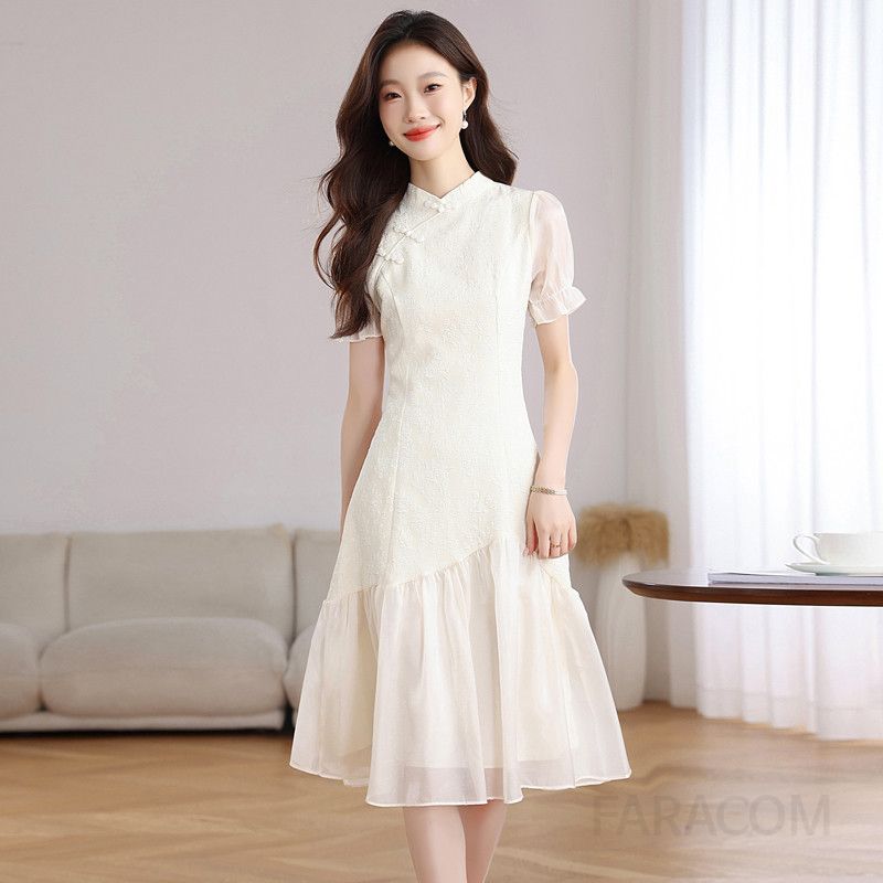 여름 여성 중국풍 치파오 스타일 드레스 빈티지 개량 원피스 파티 촬영용 의상 슬림핏 디자인 결혼식 피로연 브라이덜샤워에 적합한 우아한 스타일 - 상세 이미지 2