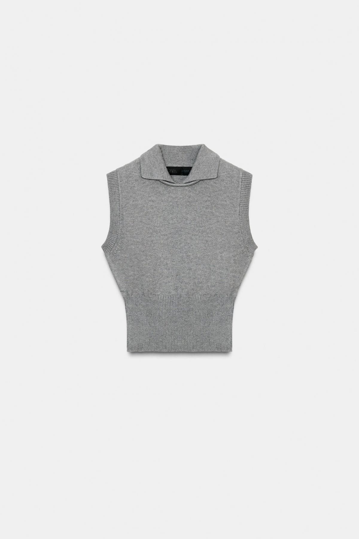 자라 라이트그레이 폴로 카라 크롭 민소매 니트 탑 3519/120 LIGHT GREY - 상품 이미지