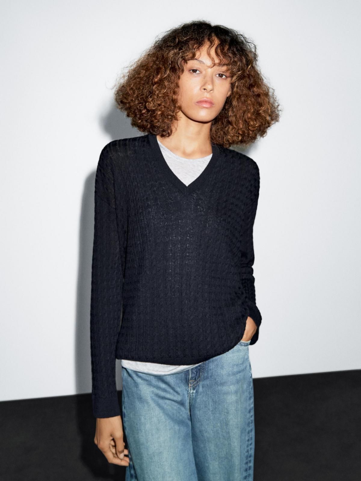 마시모두띠 베이직 브이넥 울블렌드 긴팔 케이블 니트 스웨터 5684/579 NAVY BLUE - 상세 이미지 4