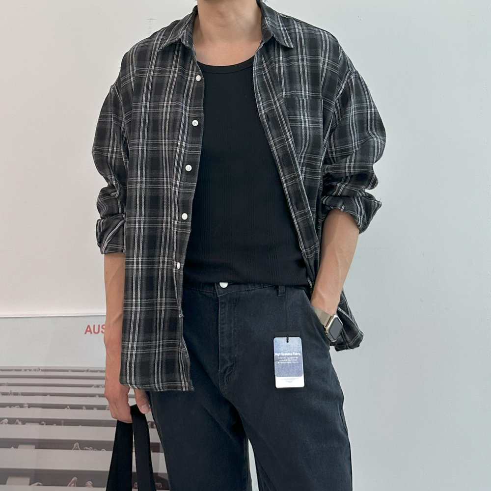 남자 체크셔츠 오버핏 구김없는 타탄체크 커플 남방 남자 셔츠 - 상세 이미지 3