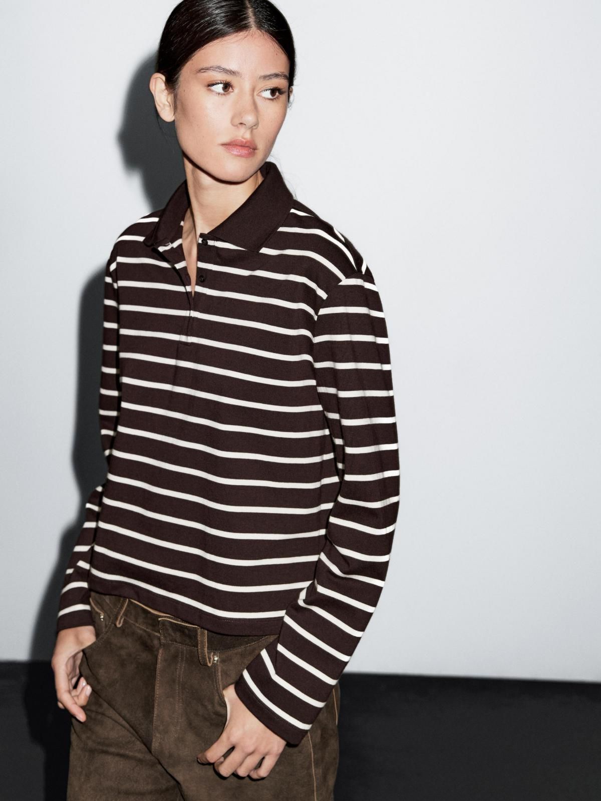 마시모두띠 스트라이프 100코튼 긴팔 폴로셔츠 6210/112 BROWN - 상품 이미지