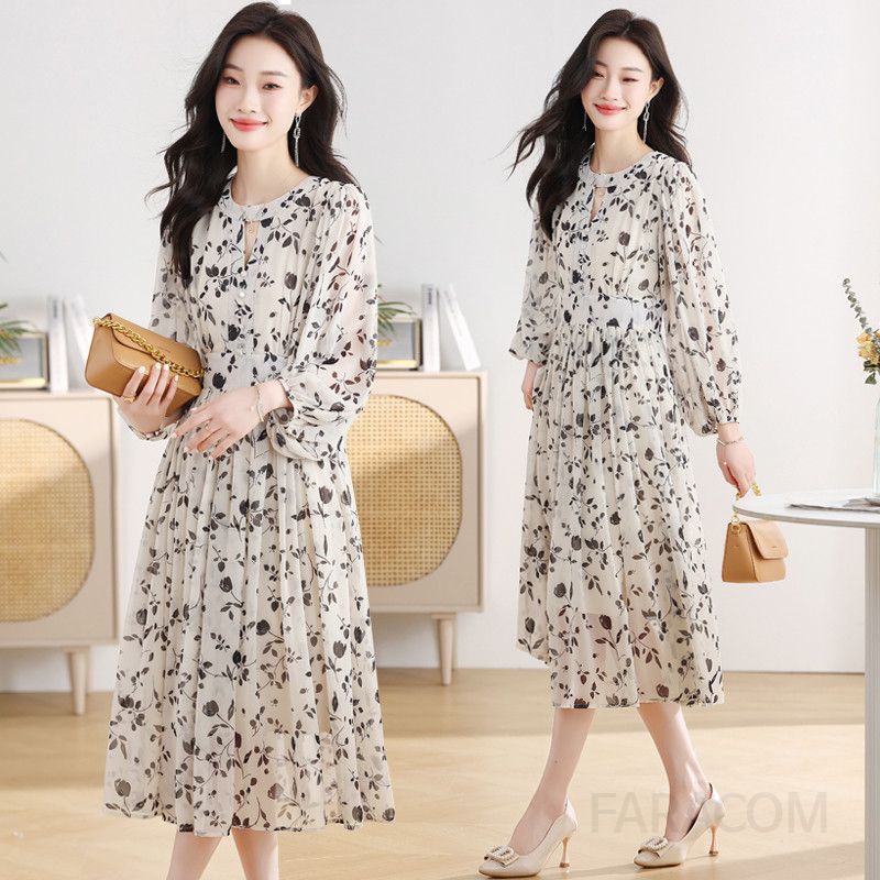 여성 여름 롱원피스 플라워 프렌치 스타일 시원한 착용감 바캉스룩 휴양지룩 데일리 A라인 스커트 슬림한 허리 디자인 - 상품 이미지