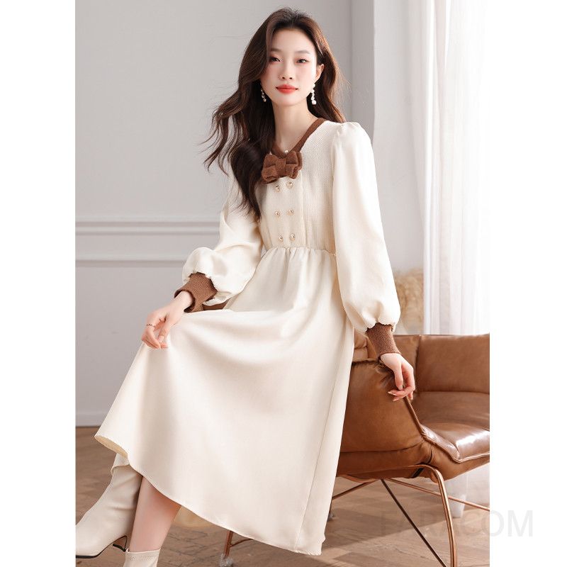 가을 겨울용 더블브레스트 프렌치 스타일 골지 긴팔 롱원피스 하객룩 고급스러운 디자인과 착용감으로 특별한 날과 일상에 적합 - 상세 이미지 3