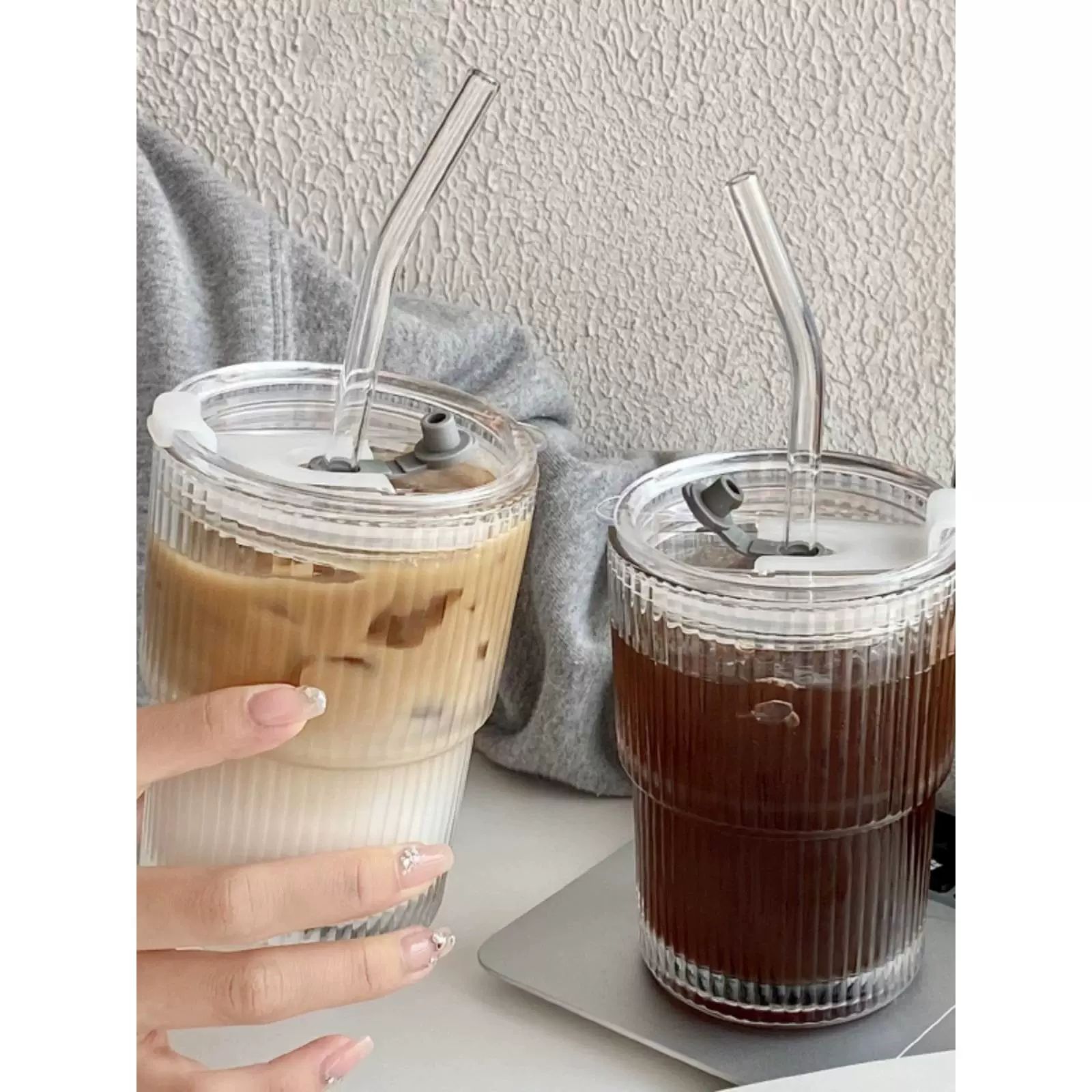 뚜껑이 있고 빨대 스트라이프 유리 아이스 커피 컵 투명 줄무늬 단일컵 450ml - 상세 이미지 5