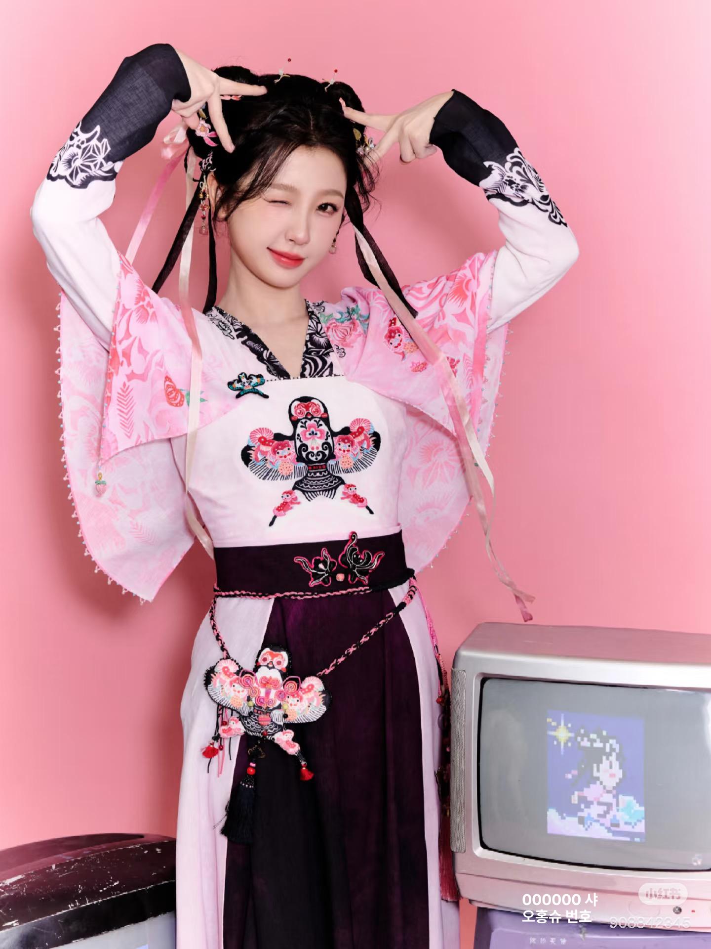 개량전통옷 무대의상 퓨전 이브닝 의상 콩쿨 공연 무용 호스트 행사 어른 저고리 계량 핑크 드레스+숄 S 155-160cm - 상세 이미지 3