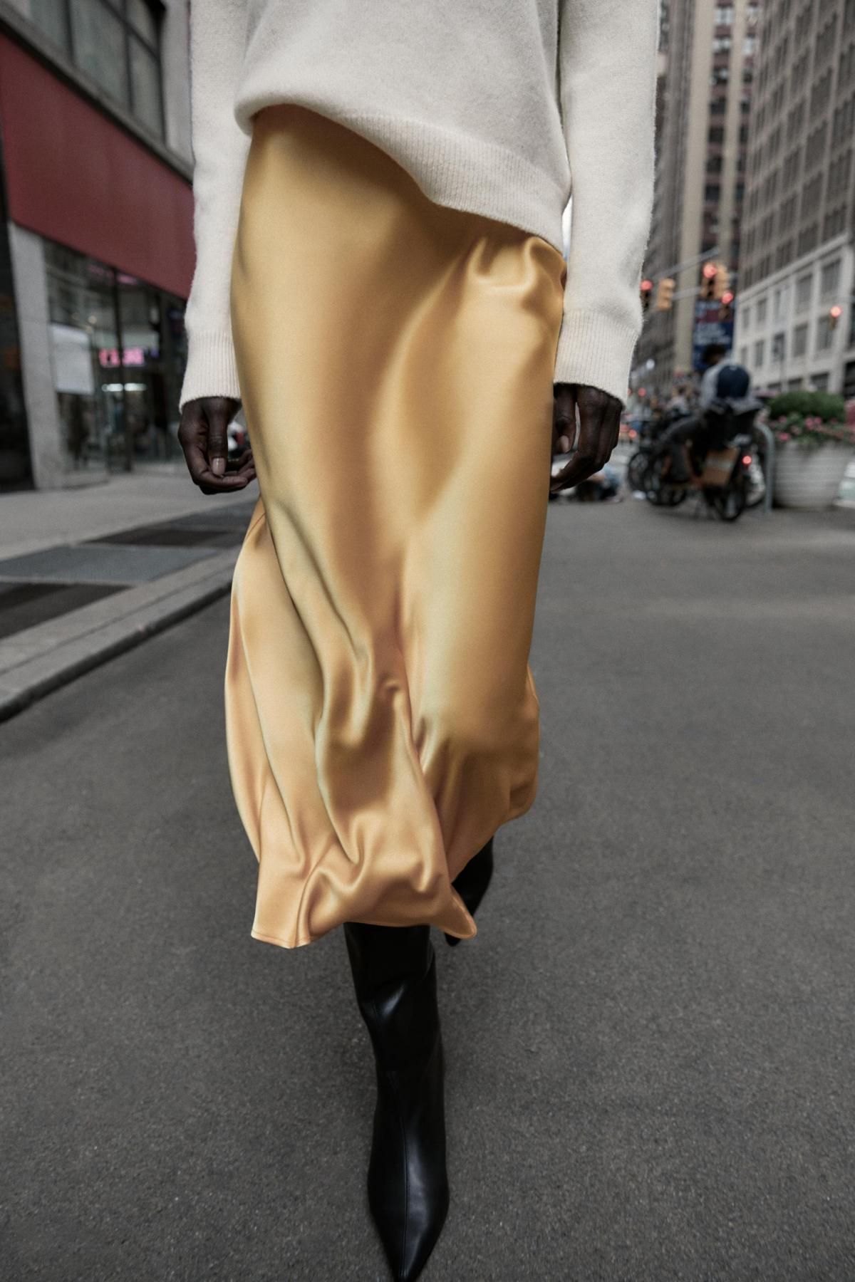 자라 새틴 미디 스커트 밴딩 베이지 2157/252 YELLOW - 상세 이미지 3
