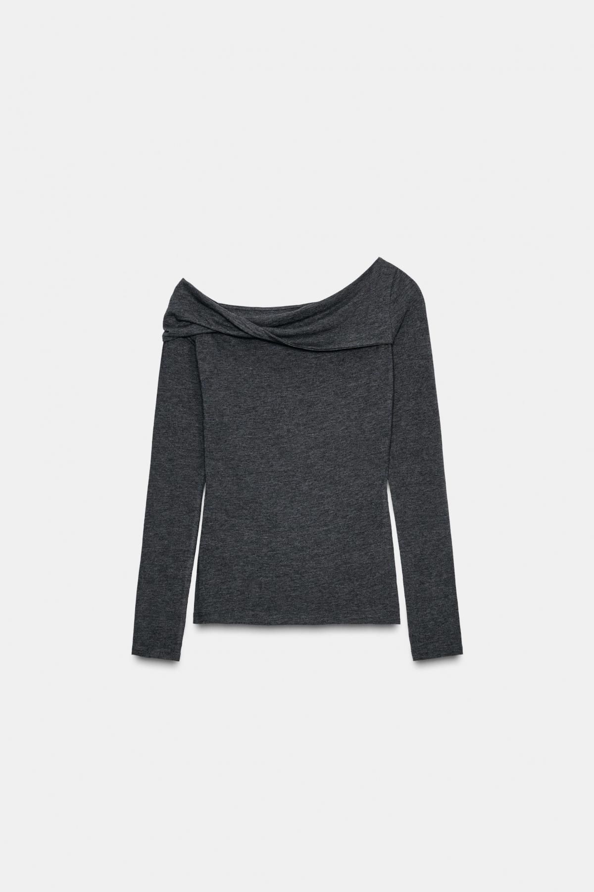 자라 비대칭 네크라인 슬림핏 긴팔 티셔츠 3431/631 GREY MARL - 상품 이미지