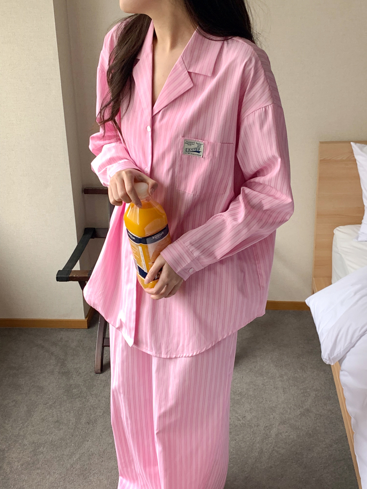 고급 수면 러블리 스트라이프 순면 잠옷 세트 파자마 파티 가을 잠옷 빅사이즈 홈웨어 선물 - 상세 이미지 5