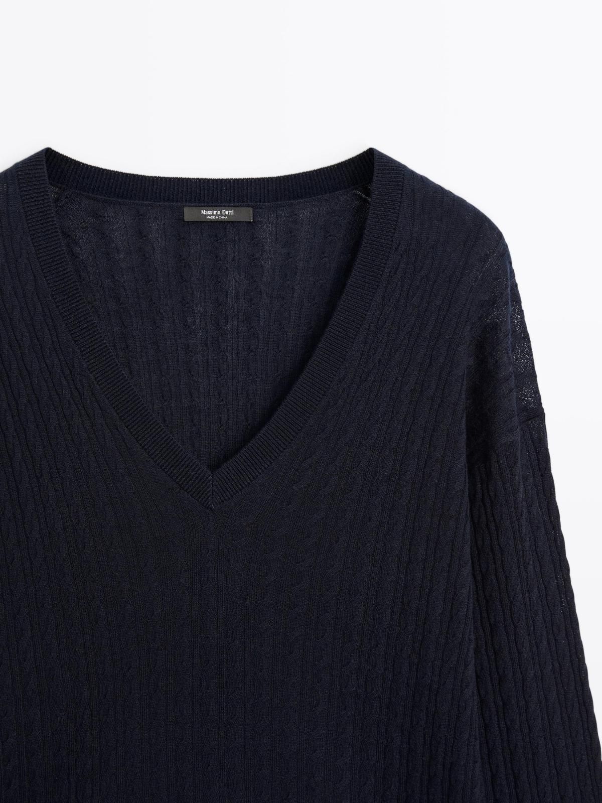 마시모두띠 베이직 브이넥 울블렌드 긴팔 케이블 니트 스웨터 5684/579 NAVY BLUE - 상세 이미지 5