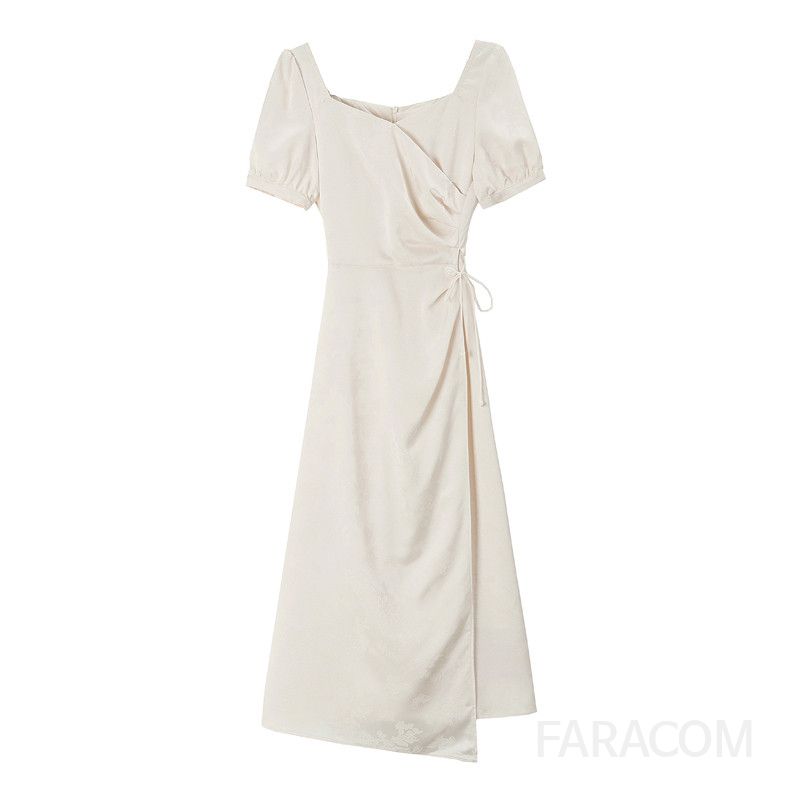 여름 플라워 스퀘어넥 퍼프 슬리브 롱 원피스 여성 기질 허리 강조 스타일리시한 비치 바캉스룩 데일리 드레스 - 상세 이미지 5