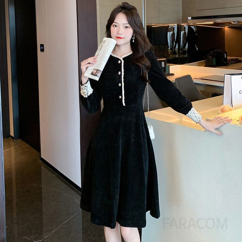 가을 여성 슬림핏 코듀로이 롱원피스 라운드넥 긴팔 캐주얼 스타일 A라인 디자인 데일리룩으로 적합한 미디 길이 드레스 - 상세 이미지 2